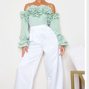Sage Green Ruffle Hem Off Shoulder Long Sleeve Top